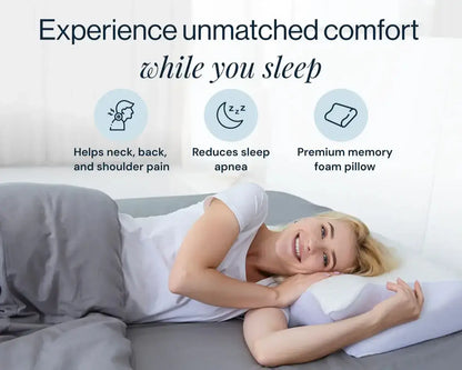 Woman enjoying restful sleep with a cobio contour relief pillow, highlighting comfort and pain relief benefits. Slumblr Pillow