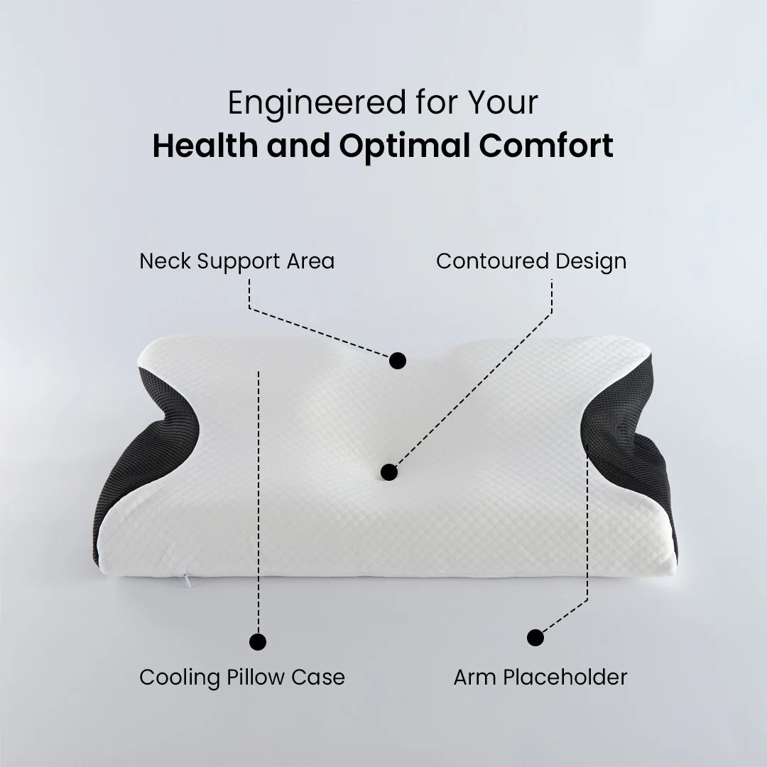 Dreamers cervical neck pillow features neck support area, contoured design, cooling pillow case, and arm placeholder. Dreamers Relief Pillow, Dreamers Pillow, Dreamers Global Pillow,Dreamers Cervical Neck Pillow, Dreamers Relief Pillow Side Sleeper