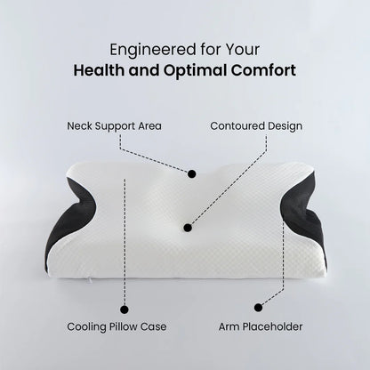 Dreamers cervical neck pillow features neck support area, contoured design, cooling pillow case, and arm placeholder. Dreamers Relief Pillow, Dreamers Pillow, Dreamers Global Pillow,Dreamers Cervical Neck Pillow, Dreamers Relief Pillow Side Sleeper